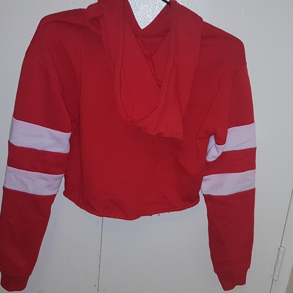 Red and white women's cropped hoodie - Picture 2 of 3